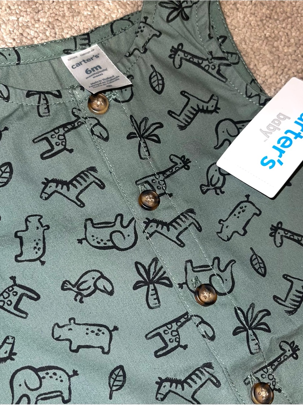 Carter's Green Safari Animal Print Sleeveless Romper 100% Cotton | Size 6 Months